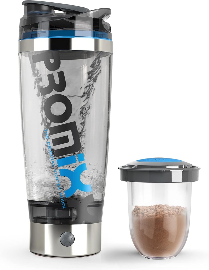 Promixx Pro Shaker Bottle (iX-R Edition) ← Recargable, Potente para Smooth Protein Shakes Silencio incluye Almacenamiento Complementario - BPA Gratis Silencio 20oz Cup (Silver Blue/Gray)
