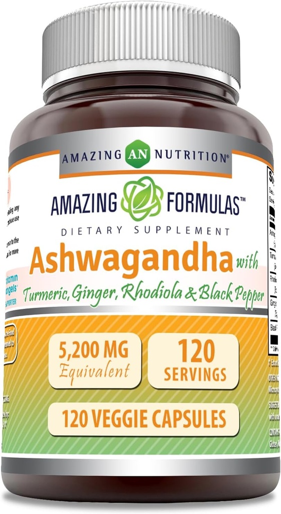 Fórmulas asombrosas Ashwagandha Suplemento Silencio Contiene Turmeric, Ginger, Rhodiola, " Black Pepper Silencio 5200 Mg Per Serving Silencio Veggie Capsules ← Non-GMO  Gluten-Free TEN Made in USA (1 Pack Silencio 120 Count)