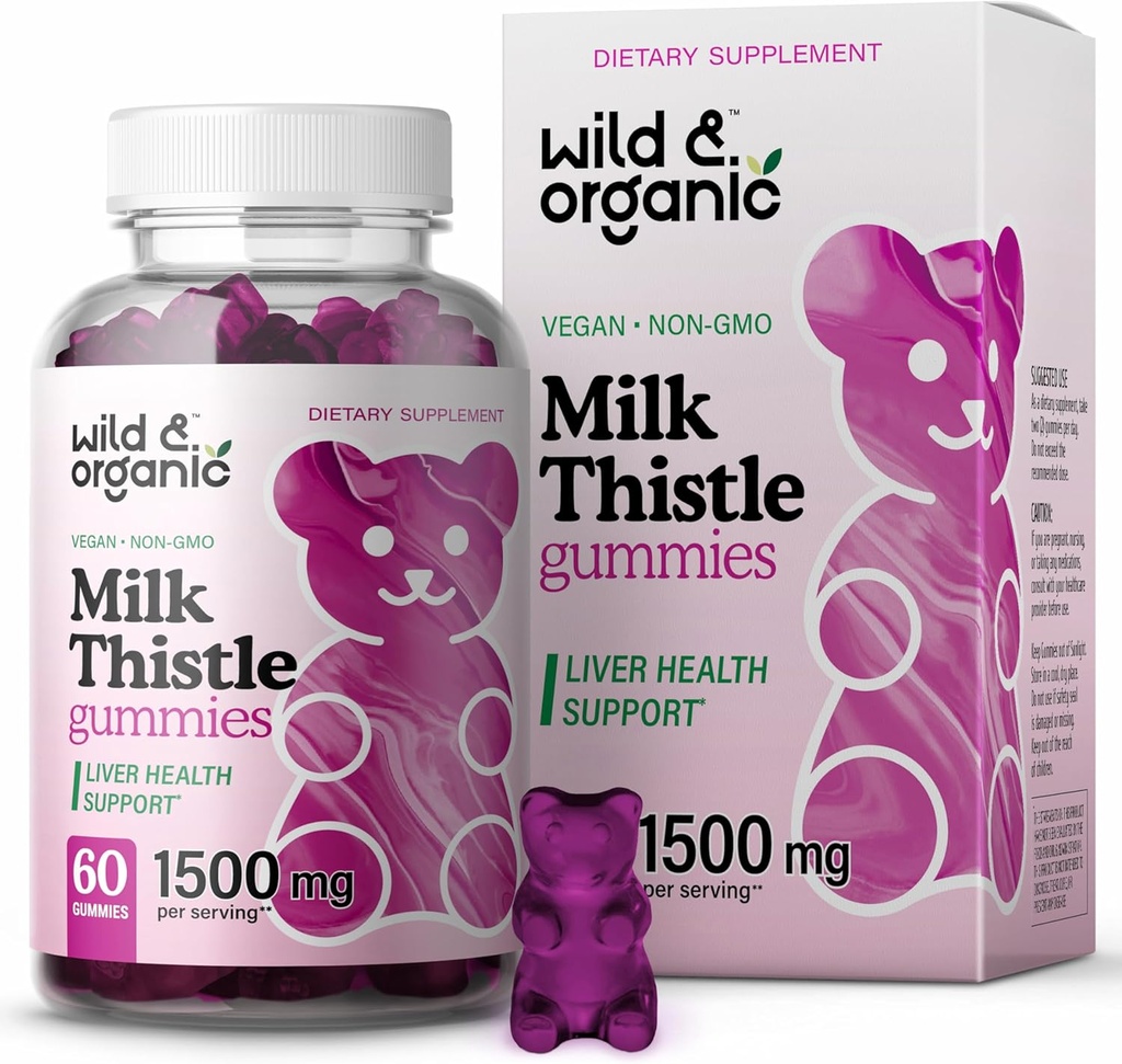 Wild & Organic Milk Thistle Gummies 1500mg - Suplemento Herbal para la limpieza del hígado Detox - Silymarin Milk Thistle Liver Detox Gummies - 60 Vegan, Non-GMO Chews