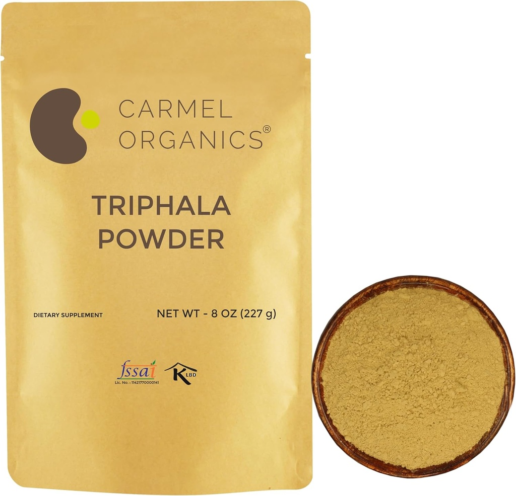 CARMEL ORGANICS Triphala Powder (8 onzas) for Digestive Support Silencio No Añadido Preservatives ← Equal Blend of Harad, Baheda & Amla Fruits