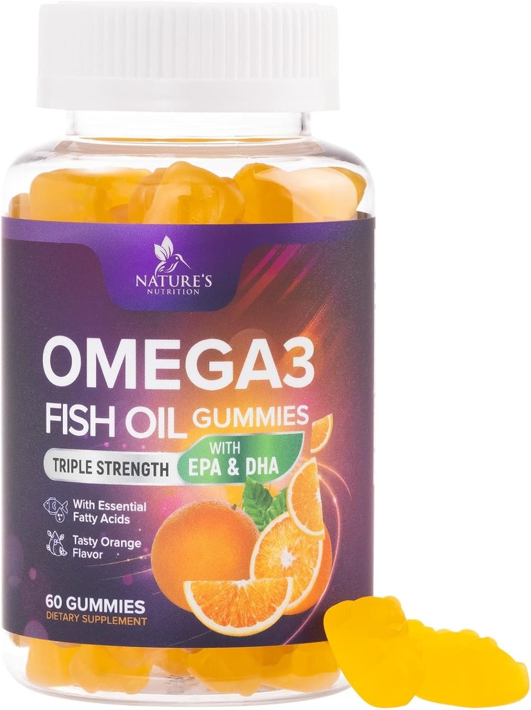 Omega-3 Gummies, Fish Oil Gummies for Adults & Kids, Omega-3 Gummy Vitaminas, EPA & DHA Fish Oil Fatty Acids Gummy Suplemento, Suplementos de la Naturaleza para Conjunto, Salud del Corazón, & Brain Support - 60 Condes