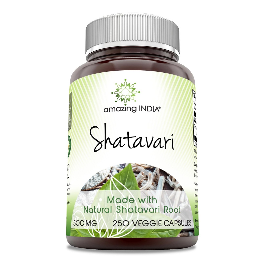 Increíble India Natural Shatavari 500 Mg por Serving 250 Veggie Capsules Suplemento Silencio No GMO TEN-Free