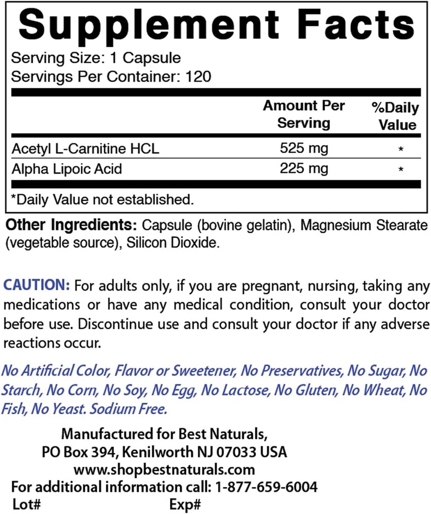 Best Naturals Acetyl L-Carnitine y Alfa Lipoic Acid 750 mg & B-100 Complex