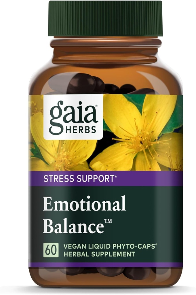 Gaia Herbs Emotional Balance - Stress Support Supplement to Help The Body Cope with Stress - with St. John’s Wort, Passionflower, Vervain, and Oats - 60 Vegan Liquid Phyto-Capsules (20-Day Supply)