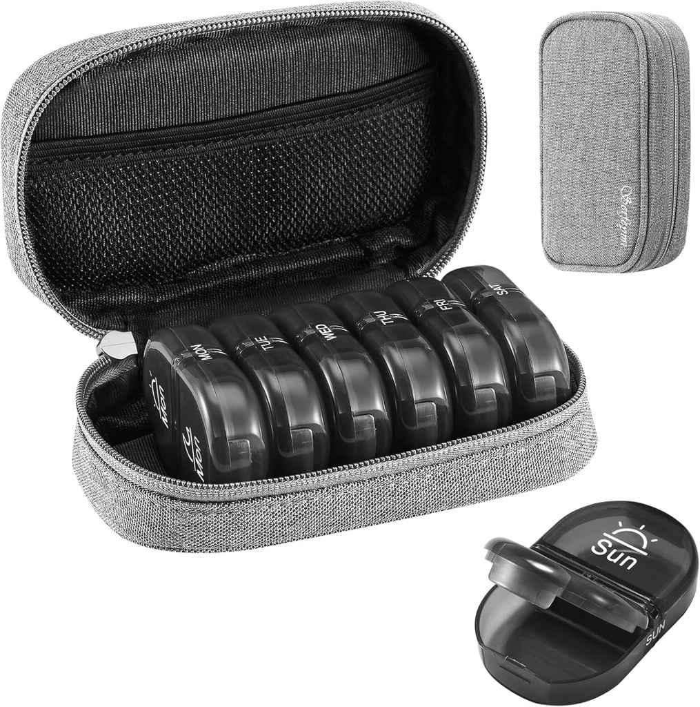 Serfeymi Organizador Semanal de la Píldora de Viajes 2 veces al día AM Actualizado Caja de la Píldora Negra 7 Día con Caja de la Píldora Portable del Zipper, Organizador de Medicina para Píldoras, Vitaminas, Suplementos, Aceites de Pesca - Grey 01