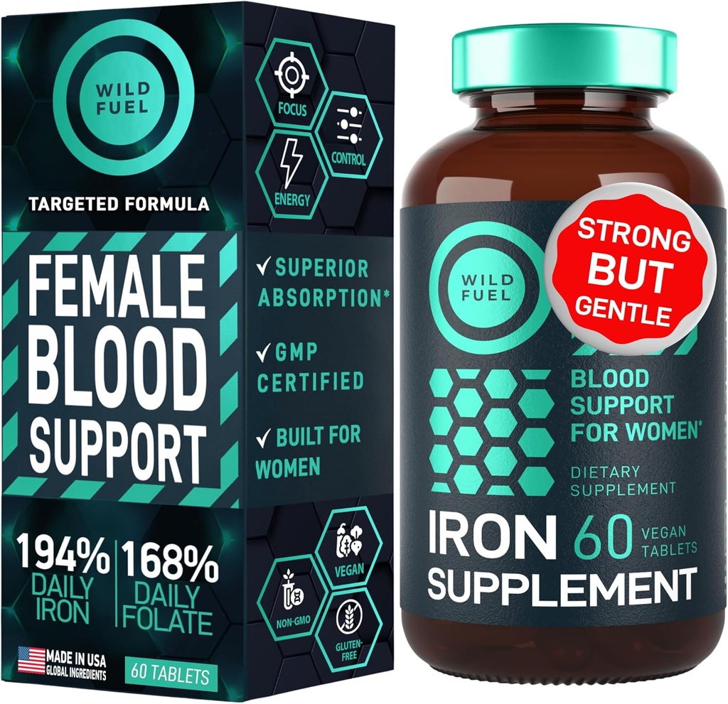 Suplemento de hierro para mujeres con ácido fólico - 35 mg Constructor de sangre Sulfato ferroso, ácido fólico 400 mcg - Planchas de hierro para mujeres con anemia y embarazo Apoyo - 60 tabletas de vitamina de hierro sin gluten