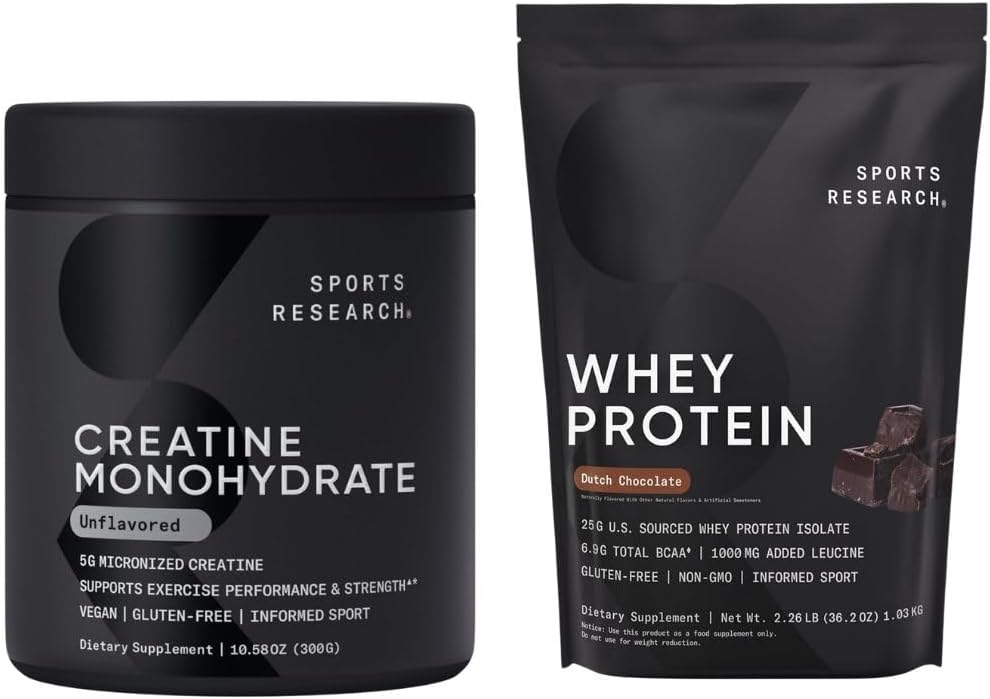 Investigación Deportiva Monohidrato de Creatina (10.58 oz) y Proteína de Chocolate Holandés (2 libras), El Duo dinámico para el edificio del músculo magro, rendimiento mejorado y recuperación de fuerza de trabajo