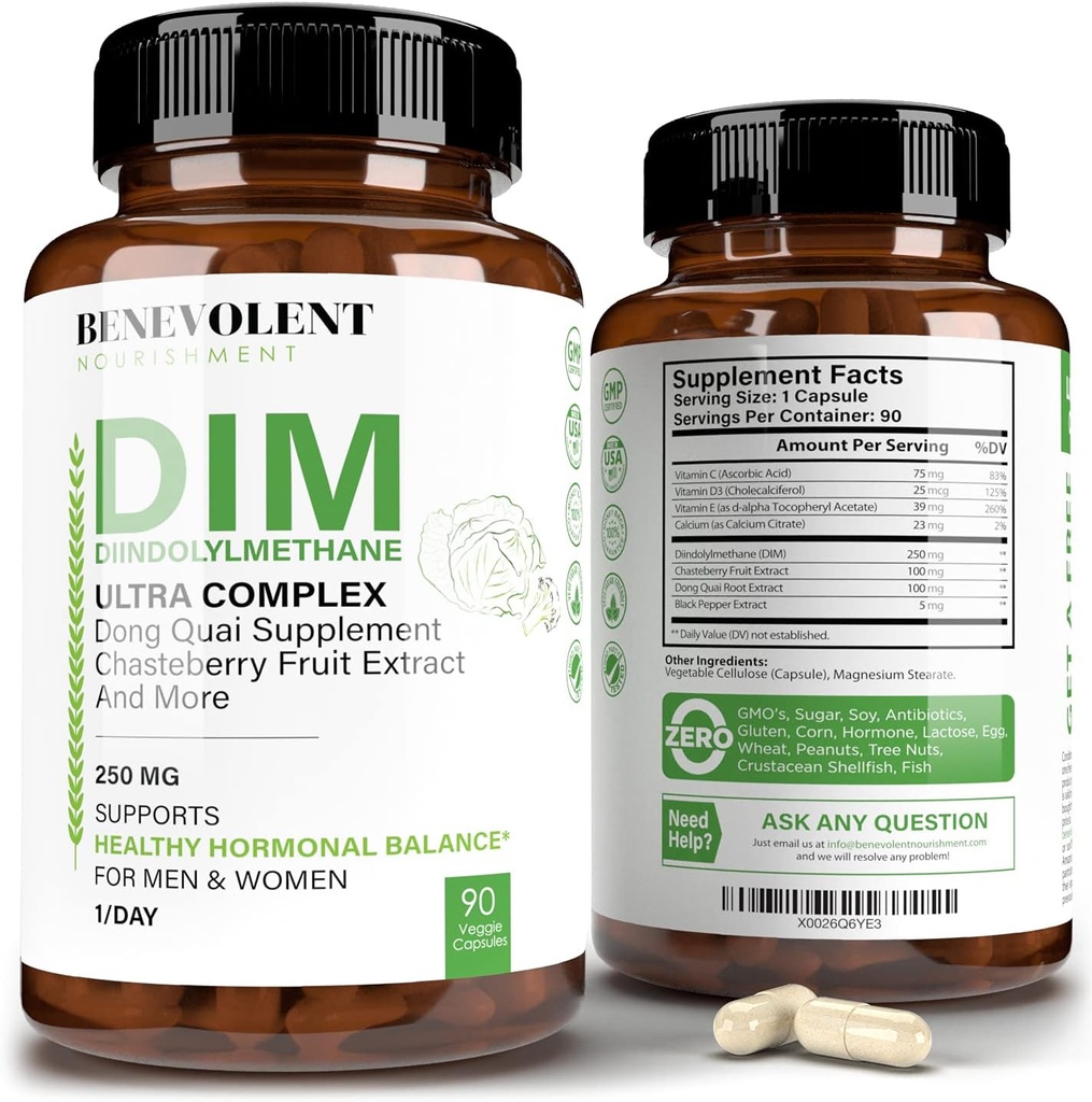 Benevolent Nourishment Maximum Strength DIM Suplemento 250mg - 90 Vcaps Diindolylmethane Ultra Complejo Plus Chastera, Dong Quai Extracto + Más