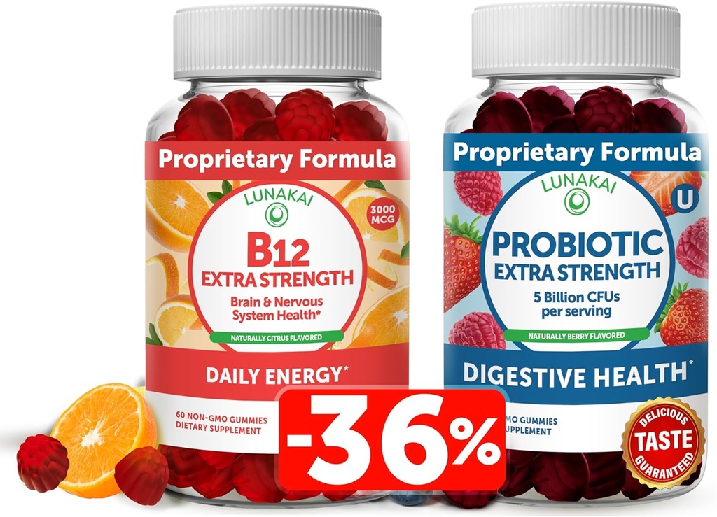 Lunakai Vitamina B12 y Gummies Probióticos Bundle - 3000 mcg Gummy para Adultos Apoyo energético y salud ósea - 5 billón de CFUs Por Serving for Digestive Gut Health with Vitamin C for Women & Men