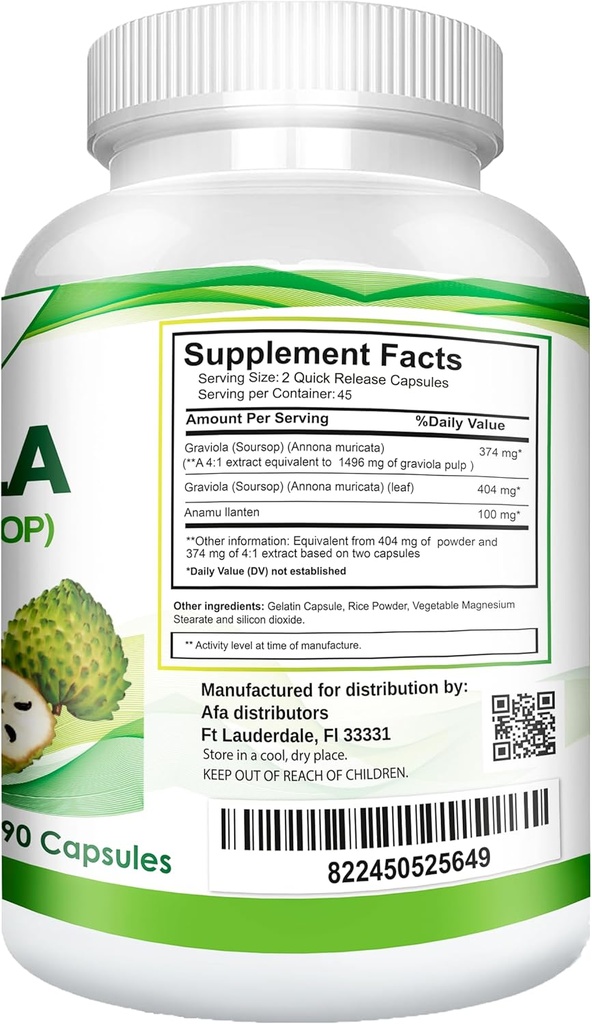 Graviola Soursop Guanabana Extract Anamu Llanten Natural Dietary Supplement. Hoja " Extracto de frutas 90 cápsulas no GMO