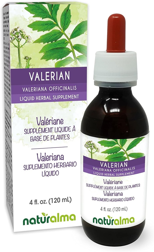 Naturalma Valerian (Valariana officinalis) Tinte libre de alcohol - 4 fl oz Extracto líquido en gotas - Suplemento herbal - Vegan
