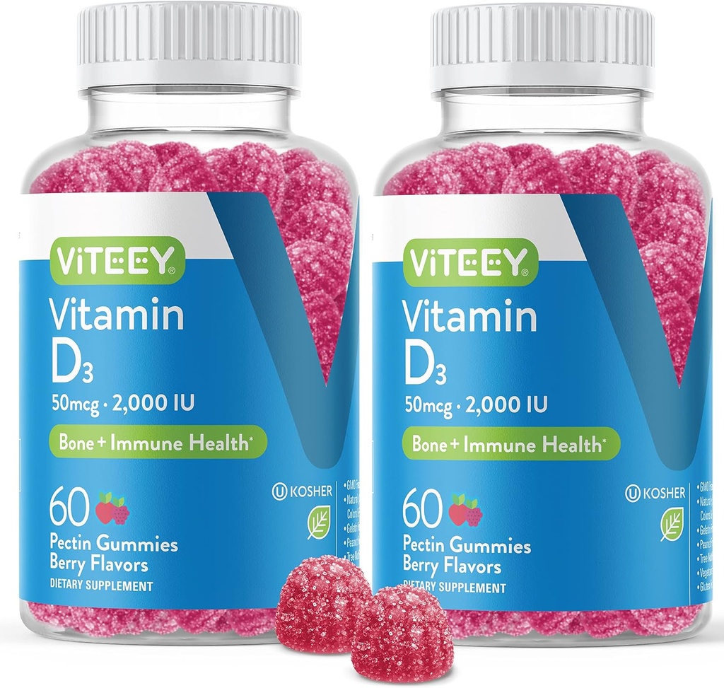 VITEEY Vitamina D3 para adultos y adolescentes - 2.000 UI, 50mcg, fuerza regular - Conjunto & Muscle Health, Immune Boost - Chewable Vitamin D Gummies - Vegetariano, Gelatin Gratis - Tasty Berry Flavored Gummy