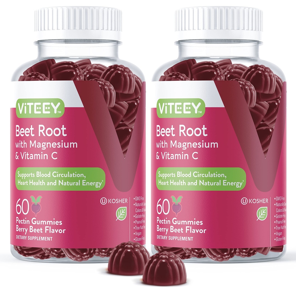 Viteey Beet Root Gummies con Magnesio & Vitamina C - Suplemento de Beetroot para la salud del corazón, la presión arterial Soporte - Vegan, sin gluten - 120 Conde