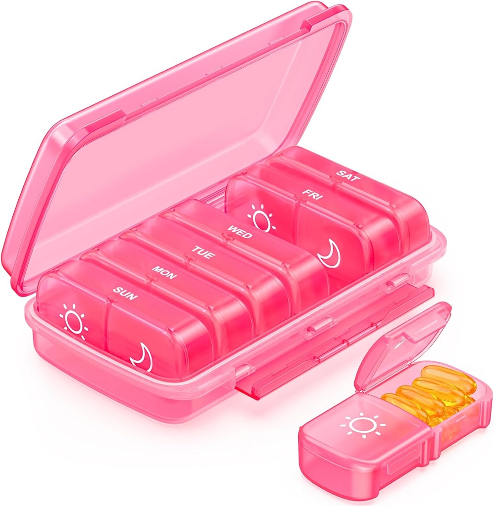 Organizador semanal de píldoras 2 veces al día con diseño resistente a la humedad, Pink AM PM Pill Box 7 Día para el fácil relleno, caja de píldoras portátiles para viajar, gran pill Holder para vitamina, aceite de pescado, suplemento