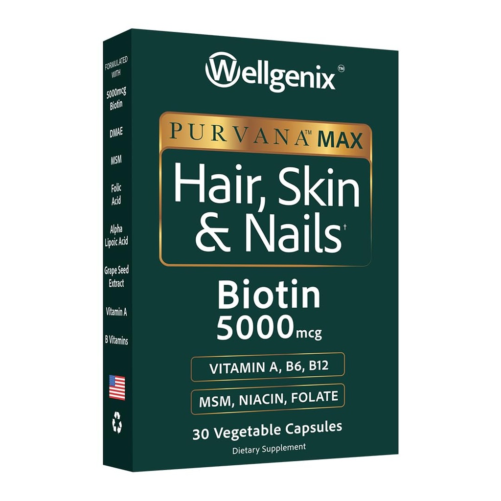 Wellgenix Purvana Max Hair, Skin y Nails Vitamina - Doble Fuerza Biotina 5000 MCG, VIT A &amp; B, Ácido Fólico, Extracto de semillas de uva - Suplemento de soporte para el cabello -30 cápsulas (Pack of 1)