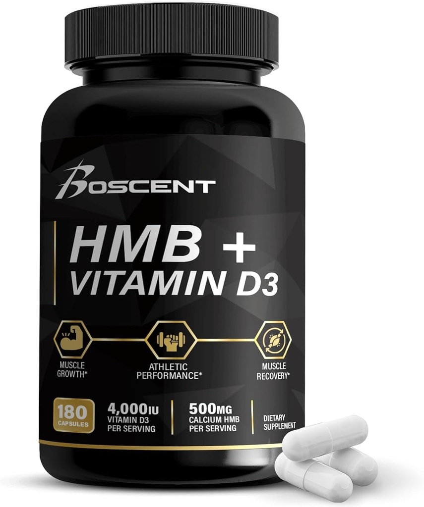HMB y vitamina D3 Suplemento 1000 MG (180 cápsulas) - HMB Suplementos con 4.000 UI de D3 & Calcio - Crecimiento muscular, fuerza & cúrcuma - B-Hydroxy B-Methylbutyrate Butyrate - Muscle Builder for Men