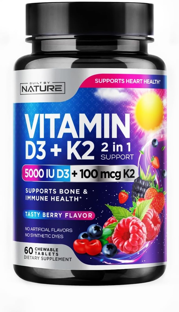 [BRSROAL5BEIRUCI6] Vitamina D3 K2 – Vitamina Chewable D 5000 UI & K2 MK-7 100 mcg – 2 en 1 Vitamina D K2 Suplemento Chews - Immune, Heart, " Bone Support – Non GMO - Tasty Berry Flavor - 60 Tablas Chewable