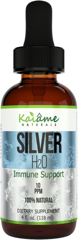 Kaiame Naturals Colloidal Silver, Ionic Silver Solution, 10 PPM, Gran gotero de 4 oz en botella de vidrio, Suplemento de soporte natural inmune, Seguro para adultos, niños y mascotas