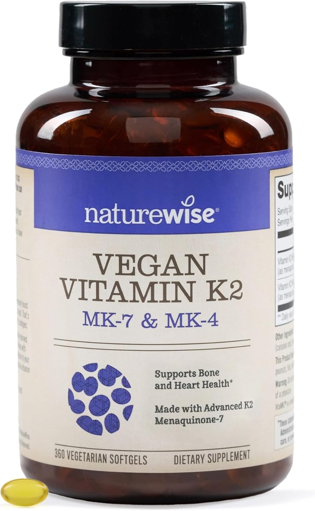 NatureWise Vitamin K2 600mcg Suplemento con MK-7 100mcg & MK-4 500mcg - Fórmula biodisponible mejorada - Complejo K para la salud ósea y cardíaca - Vegan, Gluten Free, Non-GMO -360 Softgels[1-Año de suministro]