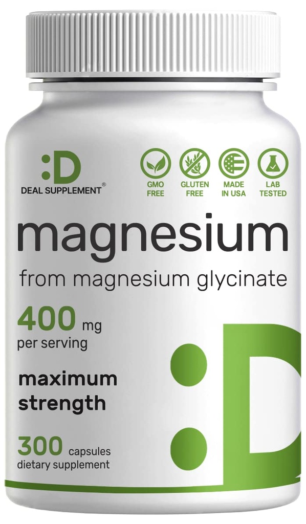 Magnesio Glycinate 400mg, 300 cápsulas Ø 100% Chelated for Easy Absorption ← Suplemento Mineral Esencial para el Musculo, el sueño, " Salud del Corazón