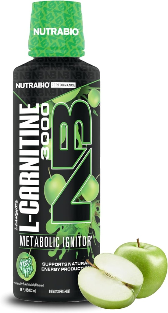 NutraBio – L-Carnitine Liquid Shots – 3000mg, (Gran Manzana) – 10 mg de vitamina B-5 – Zero Carbs & Azúcares – Producción energética – Recuperación muscular