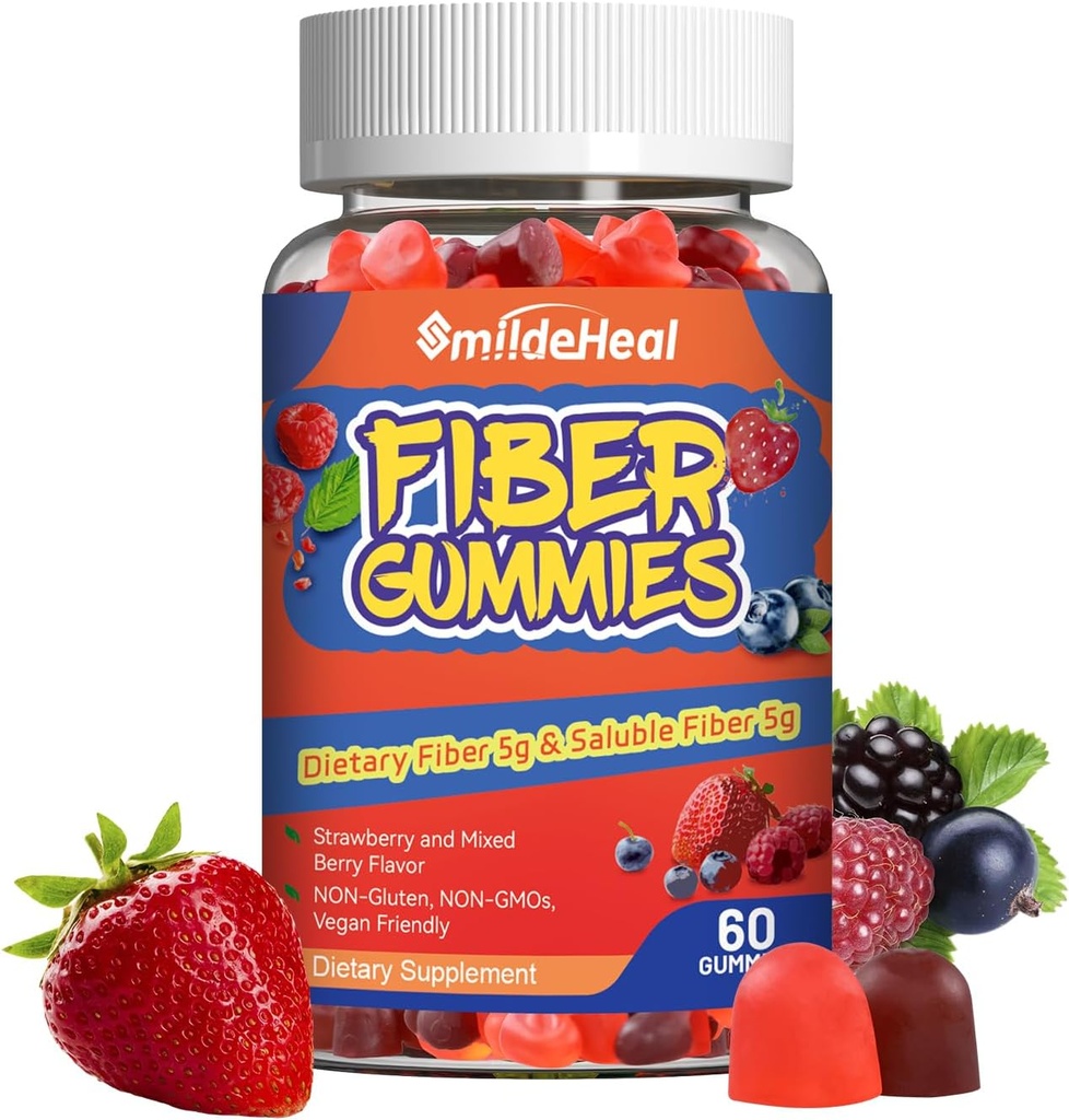 Fiber Gummies, Fibra dietética, para Mujeres y Hombres, Gut Health Support, Non-GMOs, Non-Gluten, Vegan, Berry mixed y Flavor de Fresa, 60 Conde Gummies