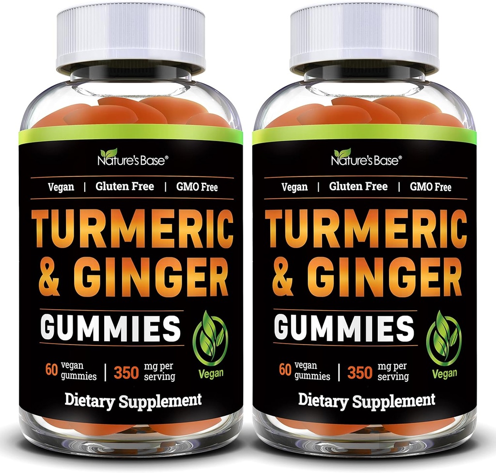 Base Turmérico y Gummies de jengibre para adultos (2 Pack) - Suplemento de Curcumina Tumérica para apoyar la salud conjunta & apoyo inmunológico - 120 Gummies Vegan