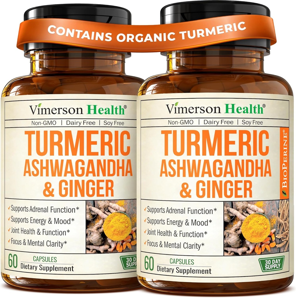 Ashwagandha Turmeric Curcumin Suplemento con Ginger - Suplemento Turmérico Orgánico, Curcumin con Pepper Negro (95% Curcuminoides), Ginger Root para la Salud Conjunta, Energía & Apoyo Inmunitario. 2 Pack