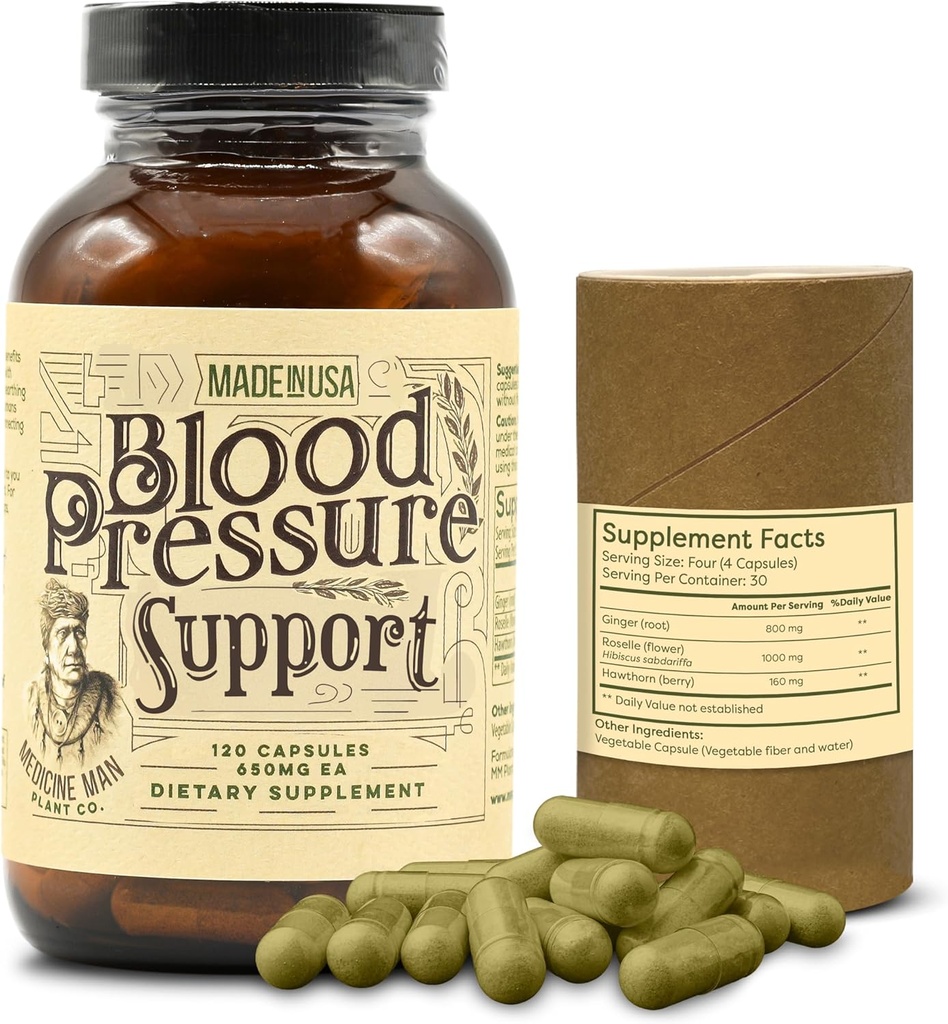 Medicina Man Planta Co. Presión de la sangre Soporte 120 cápsulas - Natural Herbal Pills con Hawthorn, Rosella Hibiscus y Ginger - Suplemento Orgánico y Herbal