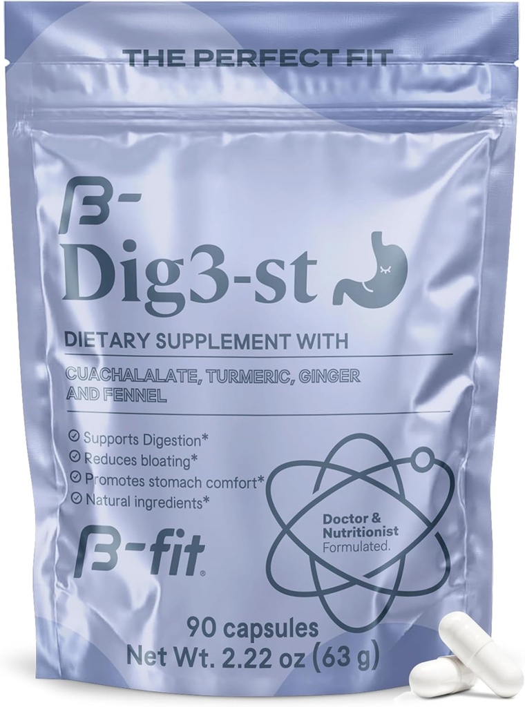 B-FIT Suplemento Herbal Digestivo - Ginger Root, Turmeric, Fennel y Cuachalalate - 60 Capsules - 100% Natural Formula for Easy Digestion & Stomach Comfort - Use Before Meals
