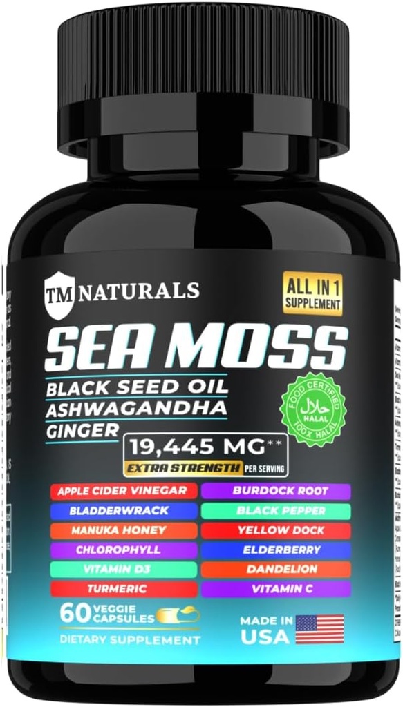 Moss de mar con aceite de semilla negra, vitamina C, Ashwagandha y Turmeric para soporte inmunitario & energía - 60 cápsulas veganos + caja de píldoras gratis
