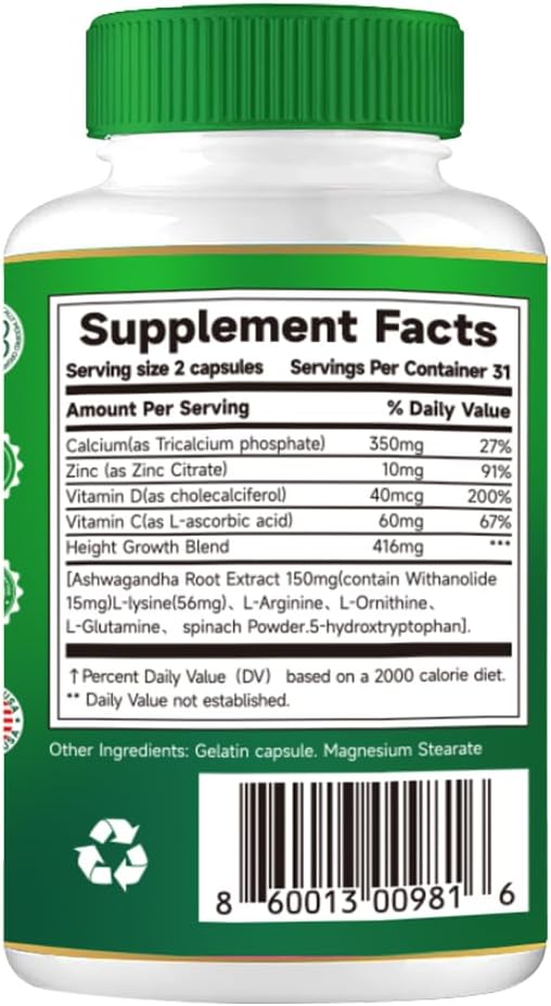 Cápsulas PRETANT-Growth para crecer más alto - aumento de altura Maximizador con calcio para la fuerza ósea -Natural Obtener suplemento más alto - Dietary Edible Healthcare Fitness
