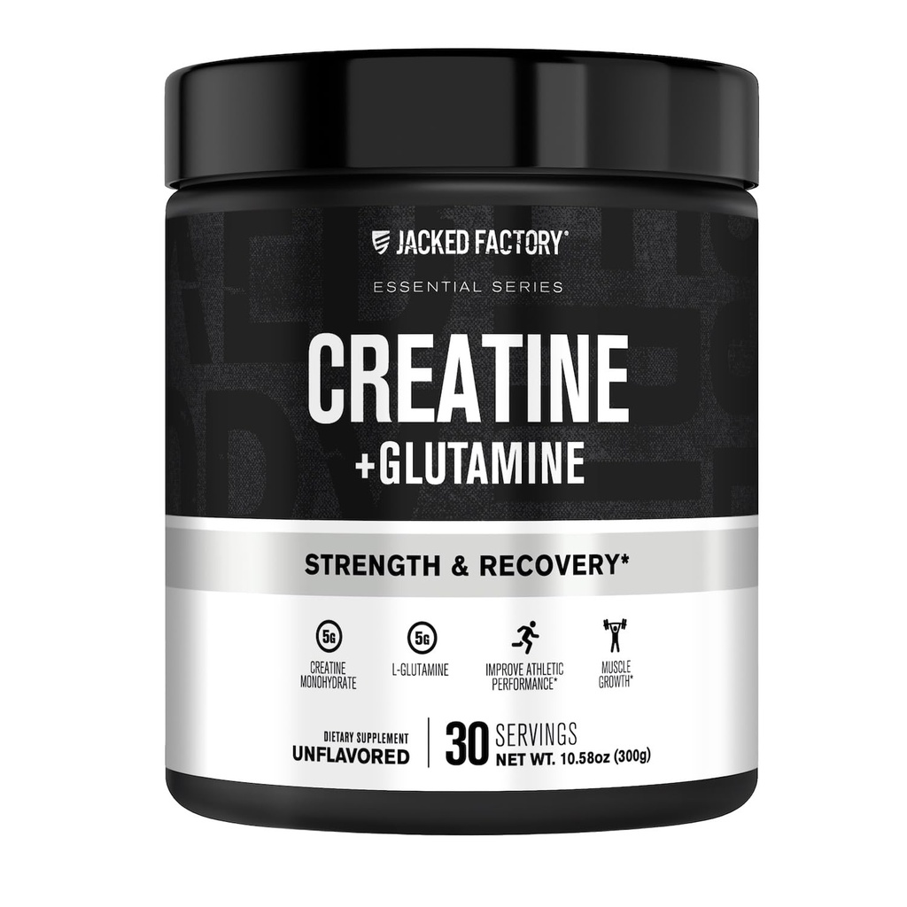 Creatina de fábrica de Jacked + Glutamina - Suplemento de crema con L-Glutamina para la recuperación de músculos, crecimiento muscular, aumento de fuerza, potencia de energía aumentada, y Gut Health - 30 Servimientos, Desflavorado