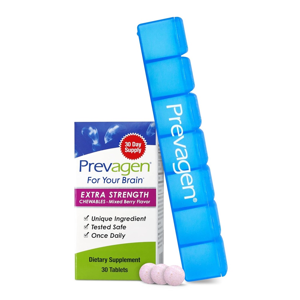 Prevagen Extra Strength Mixed Berry Chewables - 30 Tablets (1 Mes de Suministro) Silencio Formulado para Su Cerebro Silencio 20 mg de Apoaequorin Plus Vitamin D3 con 7-Day Pill Minder
