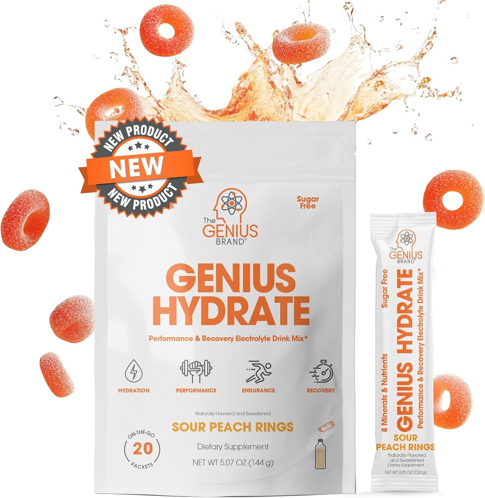 Genius Brand Genius Hydrate - Suplemento electrolito para la hidratación diaria - Agua de coco - Libre de azúcar - 8 minerales esenciales " Nutrientes - No GMO - Anillos de durazno - 20 servicios