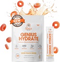 Genius Brand Genius Hydrate - Suplemento electrolito para la hidratación diaria - Agua de coco - Libre de azúcar - 8 minerales esenciales " Nutrientes - No GMO - Anillos de durazno - 20 servicios
