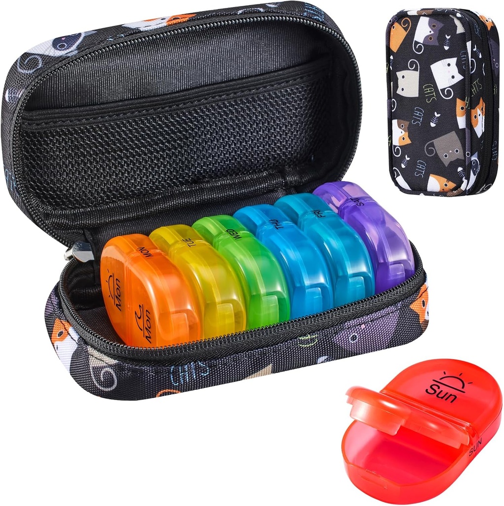 Serfeymi Organizador Semanal de la Píldora de Viajes 2 veces al día AM Upgraded Rainbow Pill Box 7 Day with Portable Zipper Canvas Pill Case, Medicine Organizer for Pills, Vitamins, Fish Oils - Black 02