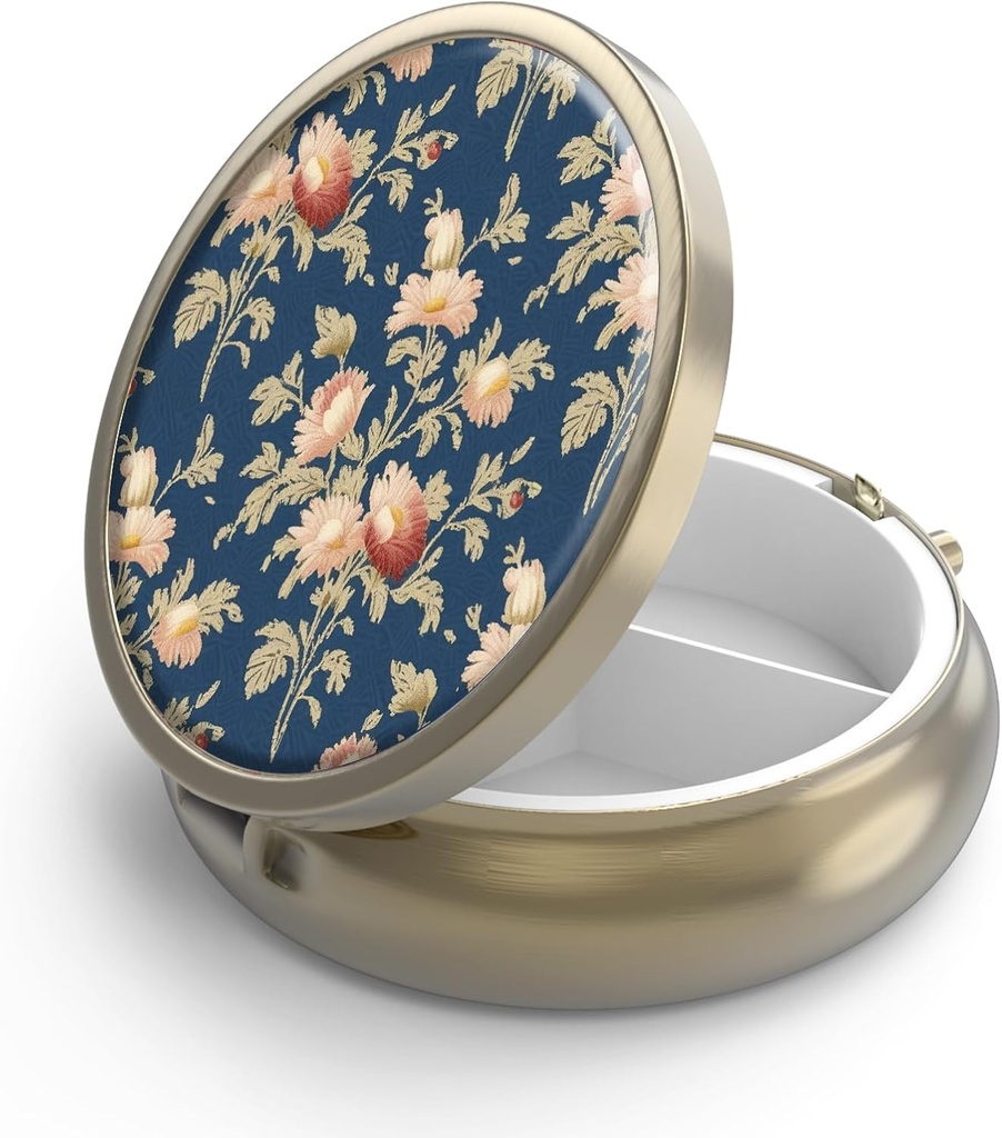 Pill Case Pill Box with Mirror Retro 3 Compartment Small Pill Case for Purse or Pocket Bronze Small Roud Pill Box or Vitamins, Fish Oil, Supplements, Pill Containe Travel Gifts( Retro Rose Floral)