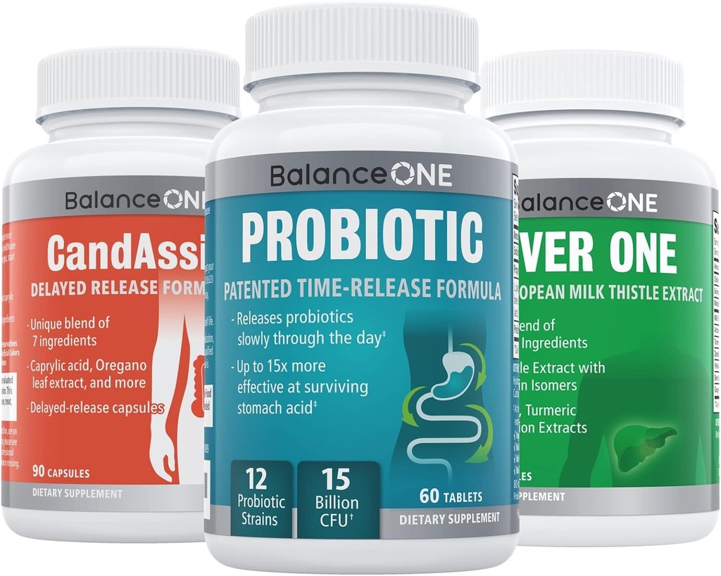 Balance ONE 3 Mes Kit ← Probiótico, CandAssist, Liver One tención 15 Billion CFU Probiótico ← Limpieza natural con ácido caprílico ¦ Apoyo al hígado con carburante
