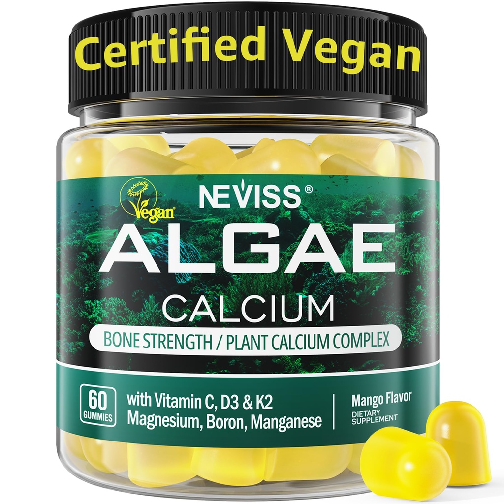 Calcio Gummies for Women + Magneisum Vitamina D3 K2, C, Zinc, Boron, Alga Sostenible (3er Partido Tested) para la Fuerza de Bone, Nerve, Absopción de Calcio, Suplemento de Calcio Libre de Azúcar, Vegan, 60 Condes