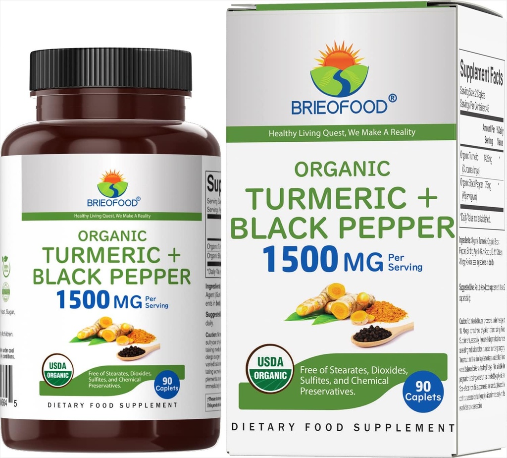 Turmérico orgánico Brieofood con Pimienta Negra 1500mg, 45 Servings, Vegetariano, Gluten Gratis, 90 Tabletas Vegetarianas
