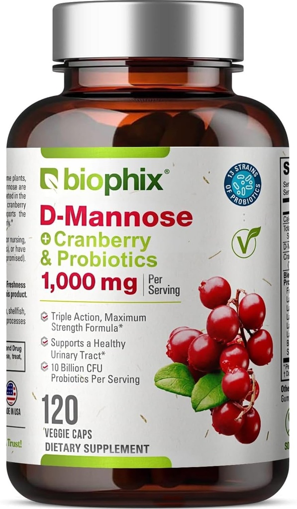biophix D-Mannose 1000mg cápsulas con probióticos de arándano - D Mannose Suplementos para mujeres - D-Mannose Píldoras para Urinary Tract & Bladder Health Support - Digestive Well-Being - 120 Vcaps