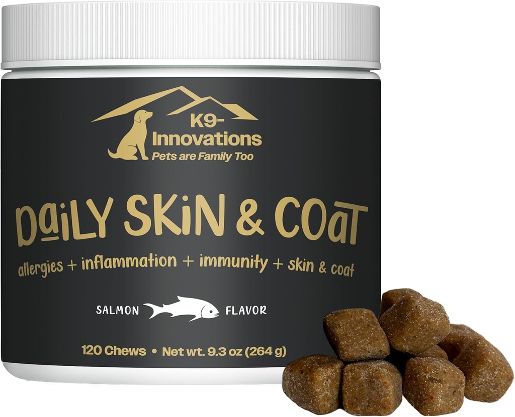K9-Innovations - Skin & Coat Dog Chews Salmon Flavor - Reducir el picor " Paw Chewing, Omega 3 " VIT C para la salud de la piel - fuente de 1-4 meses (120qty)