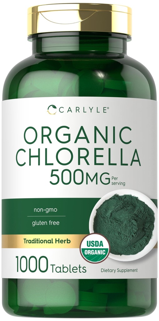 Carlyle Chlorella Tablets Orgánico 500 mg TENIDO 1000 Conde TEN VÉGICO Vegetariano, No GMO y Gluten Suplemento Libre