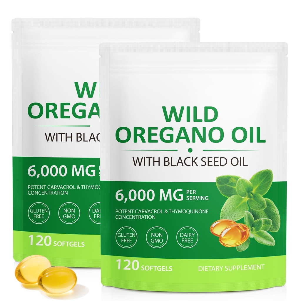 Oregano Oil Capsules, 2 in 1 6000mg Oil of Oregano with Black Seed Oil 200mg Softgels, 165mg Carvacrol, Non-GMO, Gluten Free, 240 Count