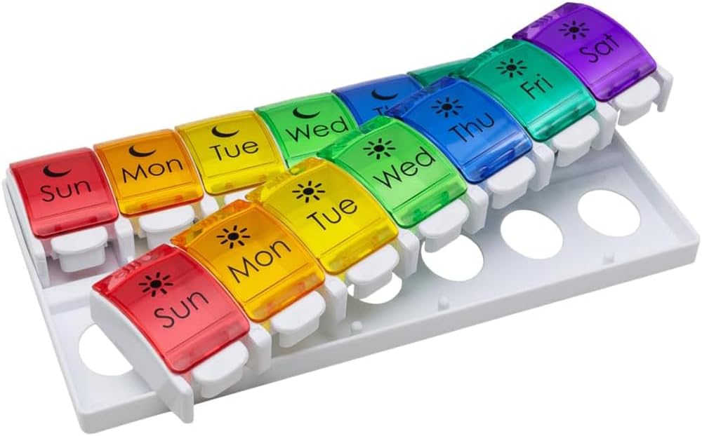 EZY DOSE Caja semanal de píldoras (7 días), Planificador de Medicina, organizador de vitaminas, 2 veces al día AM/PM, Trays de Removeabale, grandes compartimientos de botón de empuje, fácil de usar, artritis amistosa, Láminas de arco iris, BPA Gratis