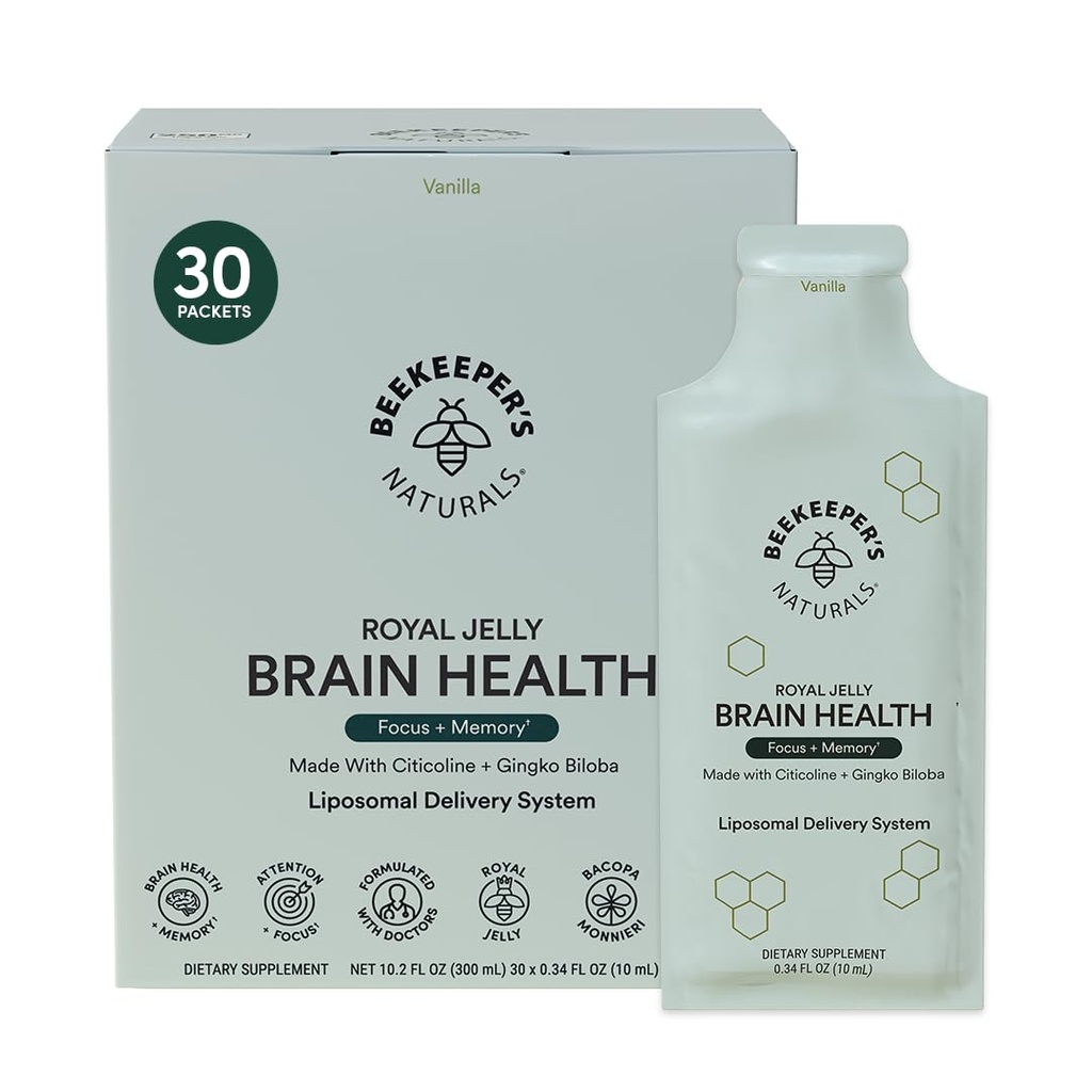 Suplemento Nootropic Brain por Beekeeper's Naturals, 500mg Citocoline, Ginkgo Biloba, Bacopa Monnieri & Royal Jelly, soporta Focus &amp; Memory, Easier Absorption, Plus a Tasty Vanilla Flavor, 30ct