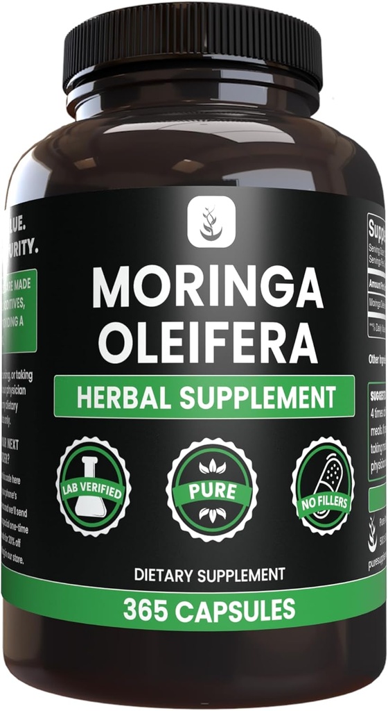 Ingredientes originales puros Moringa (365 capsules) No hay magnesio o rifles de arroz, siempre puros, lab verificados