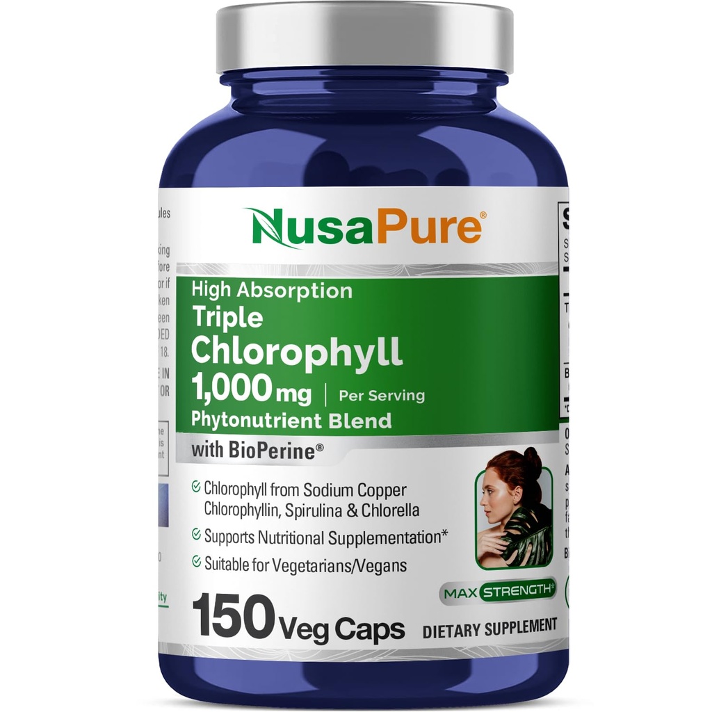 NusaPure High Absorption Triple Chlorophyll 1000 mg 150 Veg Caps Apto para Vegetarianos y Veganos, No GMO
