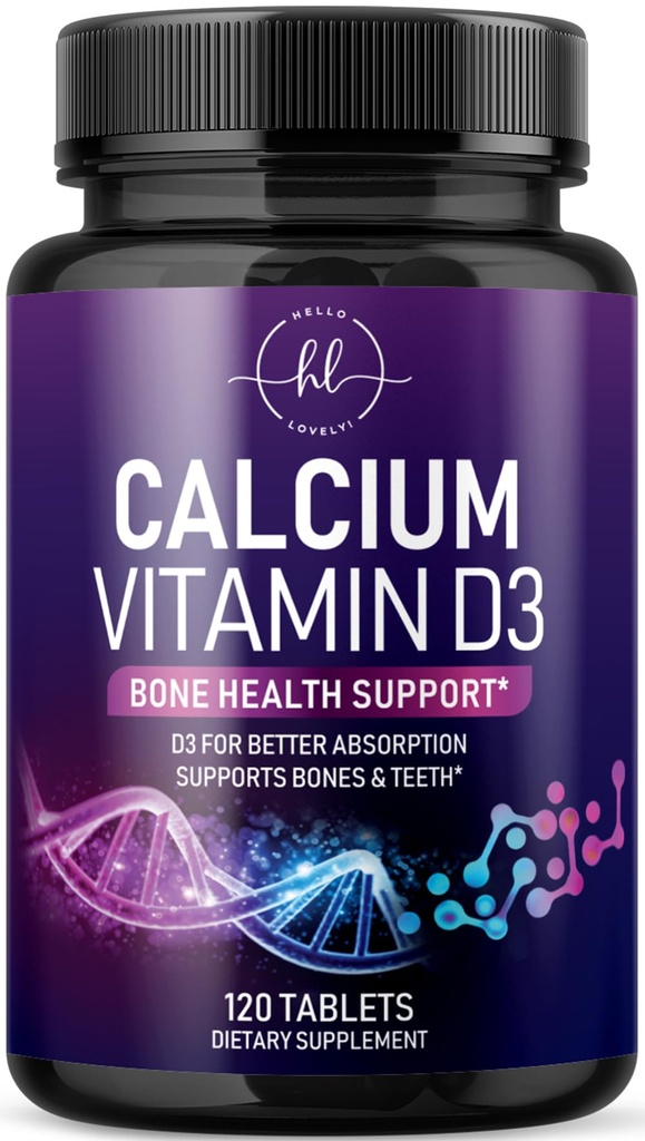 Suplemento de calcio 1200 mg - con vitamina D3 para la mejor absorción - apoya la salud inmunitaria, los huesos y los dientes - carbonato de calcio natural + 1600 UI de D3 - embotellado en EE.UU. para hombres de mujeres - 120 tabletas